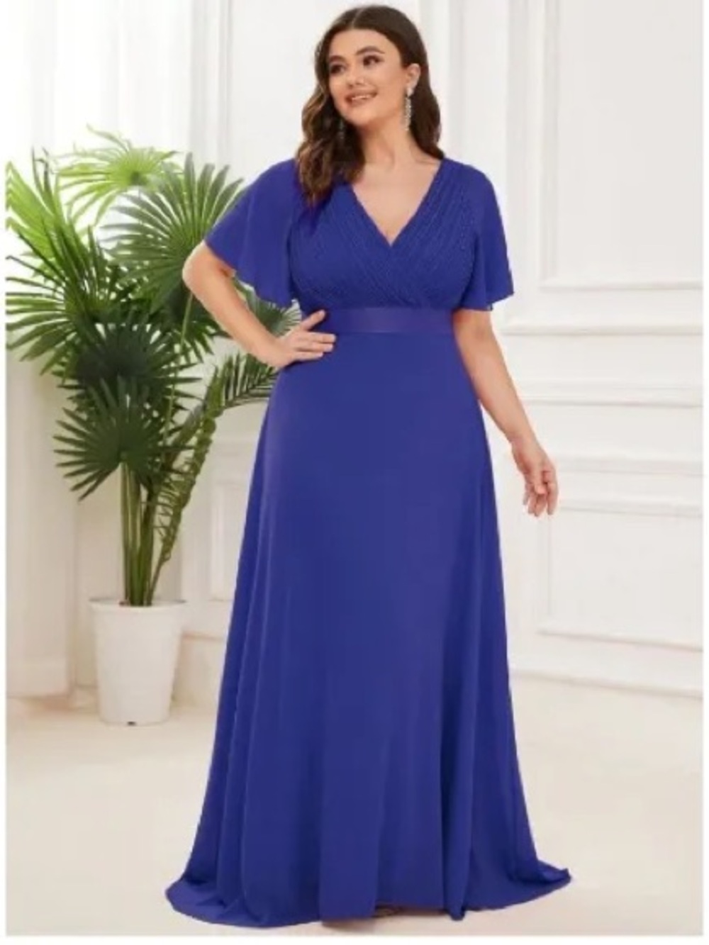 Elegant V-Neck Flutter-Sleeve Maxi Dress
